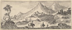 Zwei Reiter steigen in der Mitte einen Hügel hinab, einem anderen Mann zu Fuß folgend, eine Burg im Hintergrund, ca. 1641 von Stefano della Bella