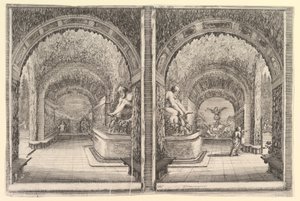 Zwei Ansichten einer Grotte, beide Ansichten mit einem Brunnen mit einer sitzenden Statue, ca. 1653
