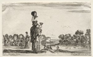 Verschiedene Figuren und Landschaften: Frauen beobachten Badende entlang eines Flusses von Stefano della Bella