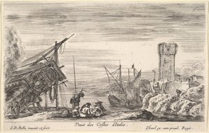 Blick auf die Küste Italiens, der Bug eines Schiffes ruht links