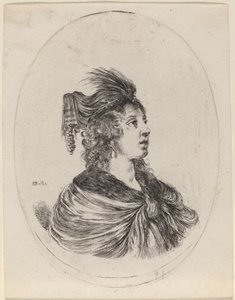 Frau mit gefiedertem Turban, nach rechts gewandt