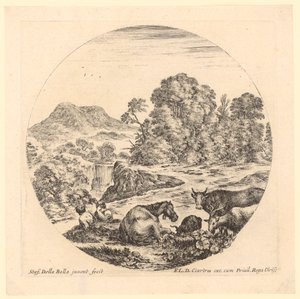 Zwei Hirten bei ihrer Herde in einer felsigen Landschaft mit Wasserfall von Stefano della Bella