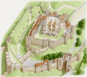 Dover Castle heute, ca. 1945-2023 (Tinte und Aquarell auf Papier)