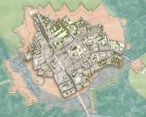 Modernes Oxford über den Verteidigungsanlagen des Bürgerkriegs, ca. 1644-1646 von Stephen Conlin