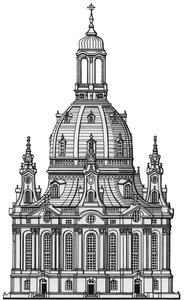 Die Frauenkirche, Dresden, ca. 1730-2023 (gezeichnet 1994)