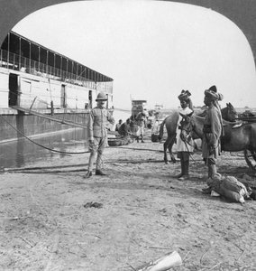 Englischer Offizier und einheimische Soldaten, Bhamo, Burma, 1908 von Stereo Travel Co