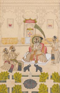 Maharana Amar Singh II zeigt zwei silberne Elefanten, ca. 1705