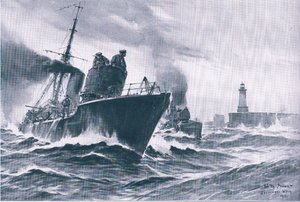 Patrouillenboote und Minensucher, die aus dem Hafen von Zeebrugge auslaufen, aus Die illustrierte Geschichte des Weltkriegs 1914-1915, veröffentlicht von Union Berlagsefellfchaft