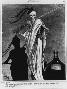Alkoholismus im 19. Jahrhundert, der Tod sagt: „Sie wollen mir den Absinth wegnehmen! Bah! Ich habe immer noch das Nadelgewehr!“ - Zeichnung von Stop in Charivari vom 12.04.1867 von Stop
