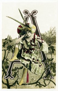 A: Constance Elise De Vere, französische Schauspielerin mit englischen Wurzeln, geboren in Belgien - Theatre Marigny, Paris - Alphabet auf Postkarten - Fotomontagen mit Fotografien von Künstlerinnen der Belle Epoque, erstellt von Leopold Reutlinger. Ed