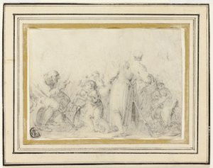 Genreszene mit altem Mann, Bäuerinnen und Kindern von Style of Jean Baptiste Greuze
