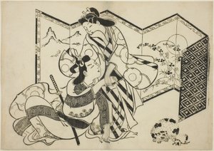 Liebende, eine Katze und eine Maus vor einem Paravent von Sugimura Jihei
