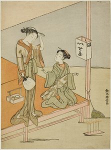 Eine Kurtisane und ihre Begleiterin im Teegarten Iseya am Flussufer von Suzuki Harunobu