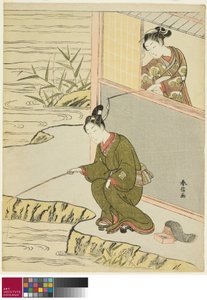Schöne neckt einen jungen Mann beim Angeln, ca. 1768 von Suzuki Harunobu