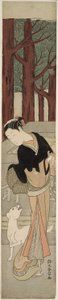Schönheit und ein weißer Hund an einem Schrein von Suzuki Harunobu