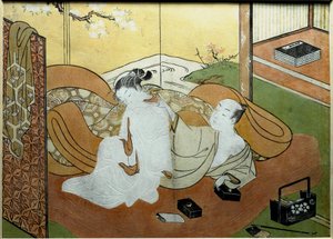 Liebespaar, das in einem Innenraum mit Paravent liegt, Kalligraphiebox Nishiki-e-Druck von Suzuki Harunobu (1725-um 1770) ca. 1765. Private Sammlung