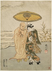 Daruma und eine junge Frau im Regen