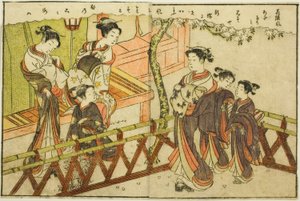 Doppelseitige Illustration aus Bd. 2 von „Bilderbuch der Frühlingsbrokate (Ehon haru no nishiki)“