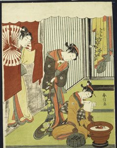 Figuren in einem Innenraum, eine Kurtisane schaut auf ihre Shinzo, die einen Liebesbrief liest