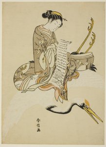 Mädchen reitet auf einem Kranich (Parodie auf Hi Chobo [Chinesisch: Fei Zhangfang]) von Suzuki Harunobu