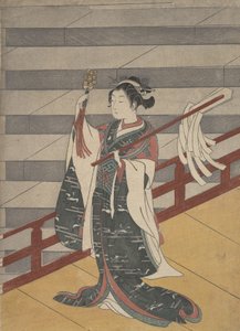 Mädchen auf dem Balkon über Steintreppe von Suzuki Harunobu