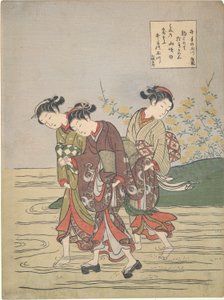 Mädchen durchqueren den Ide no Tamagawa von Suzuki Harunobu