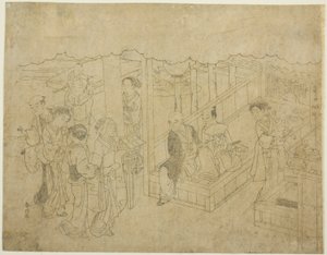 Schlüsselblockdruck für Die Einführung (Miai), das erste Blatt aus der Serie "Ehe in Brokatdrucken, der Wagen der tugendhaften Frau (Konrei nishiki misao-guruma)" von Suzuki Harunobu