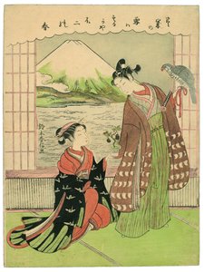 Glückverheißender Traum zum neuen Jahr: Fuji, Falke und Auberginen von Suzuki Harunobu