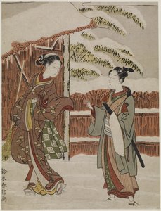 Mitate einer Szene aus dem Kabuki-Stück Frauen-Version von Ptted Trees, ca. 1768