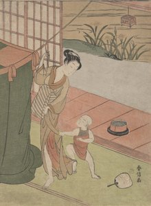 Mutter und Sohn bei einem Moskitonetz von Suzuki Harunobu