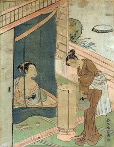 Mutter und Kind hinter einem Moskitonetz von Harunobu Suzuki, einem japanischen Designer von Holzschnittkünstlern im Ukiyo-e-Stil von Suzuki Harunobu