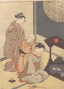 Nachtregen am Doppelregal, aus der Serie Acht Salonansichten, ca. spätes 18. Jahrhundert von Suzuki Harunobu