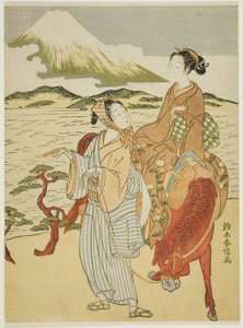 Pause, um den Berg Fuji zu bewundern (Parodie auf Ariwara no Narihiras Reise nach Osten) von Suzuki Harunobu