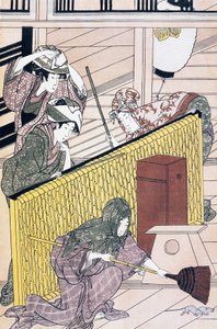 Diener jagt Mäuse im Haus, Ukiyo-e-Kunstdruck von Suzuki Harunobu (1725-1770), Holzschnitt, japanische Zivilisation, Edo-Periode