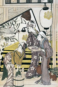 Diener, die zu Hause arbeiten, ukiyo-e Kunstwerk von Suzuki Harunobu, Holzschnitt, japanische Zivilisation, Edo-Zeit von Suzuki Harunobu