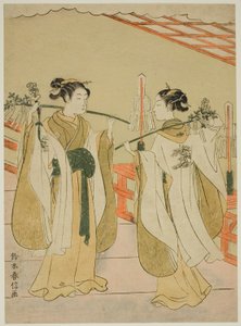 Schrein-Mädchen Onami und Ohatsu tanzen am Yushima Tenjin-Schrein von Suzuki Harunobu