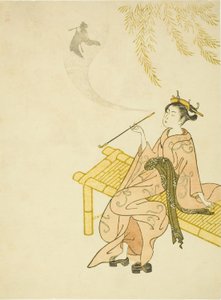 Rauchen auf einer Bank von Suzuki Harunobu