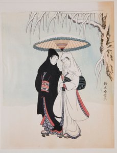 Spaziergang unter einem Regenschirm im Schnee von Suzuki Harunobu