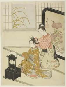 Der Herbstmond im Spiegel (Kyodai no shugetsu), aus der Serie "Acht Ansichten des Salons (Zashiki hakkei)" von Suzuki Harunobu