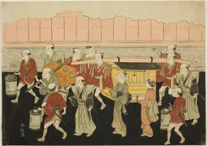 Die Braut reitet im Sänfte zum Haus ihres Mannes (Koshi-iri), das dritte Blatt der Serie "Ehe in Brokatdrucken, die Kutsche der tugendhaften Frau (Konrei nishiki misao-guruma)" von Suzuki Harunobu