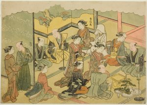 Die zeremonielle Sake, das vierte Blatt der Serie "Ehe in Brokatdrucken, der Wagen der tugendhaften Frau"