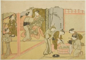 Die erste Geburt (Uizan), das siebte Blatt der Serie "Ehe in Brokatdrucken, der Wagen der tugendhaften Frau (Konrei nishiki misao-guruma)" von Suzuki Harunobu