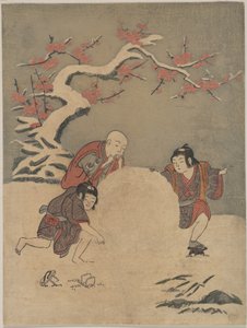 Drei Jungen bauen einen Schneemann von Suzuki Harunobu
