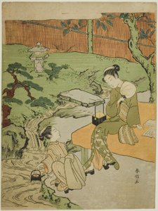 Zwei Mädchen genießen die Abendkühle im Garten von Suzuki Harunobu