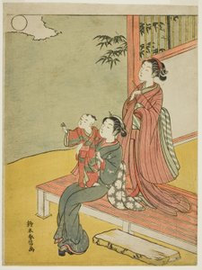 Zwei Frauen und ein Kind betrachten den Vollmond von Suzuki Harunobu