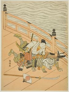 Ushiwakamaru und Benkei kämpfen auf der Gojo-Brücke