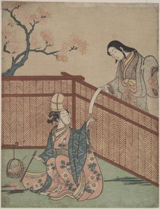 Sake-Erwärmung durch Ahornblattfeuer von Suzuki Harunobu