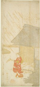 Junge Frau mit Kerria-Zweig (Parodie auf Ota Dokan) von Suzuki Harunobu