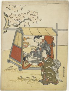 Junge Frau betrachtet Kirschblüten als Mitate von Lady Nakanokimi, ca. 1767 von Suzuki Harunobu