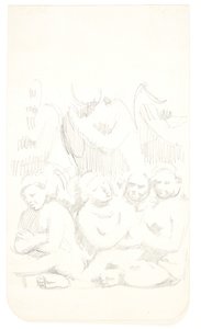 Gruppe mit sitzenden Figuren mit verschränkten Armen im Vordergrund. Studienblatt nach Reliefs in Borobudur, Java.